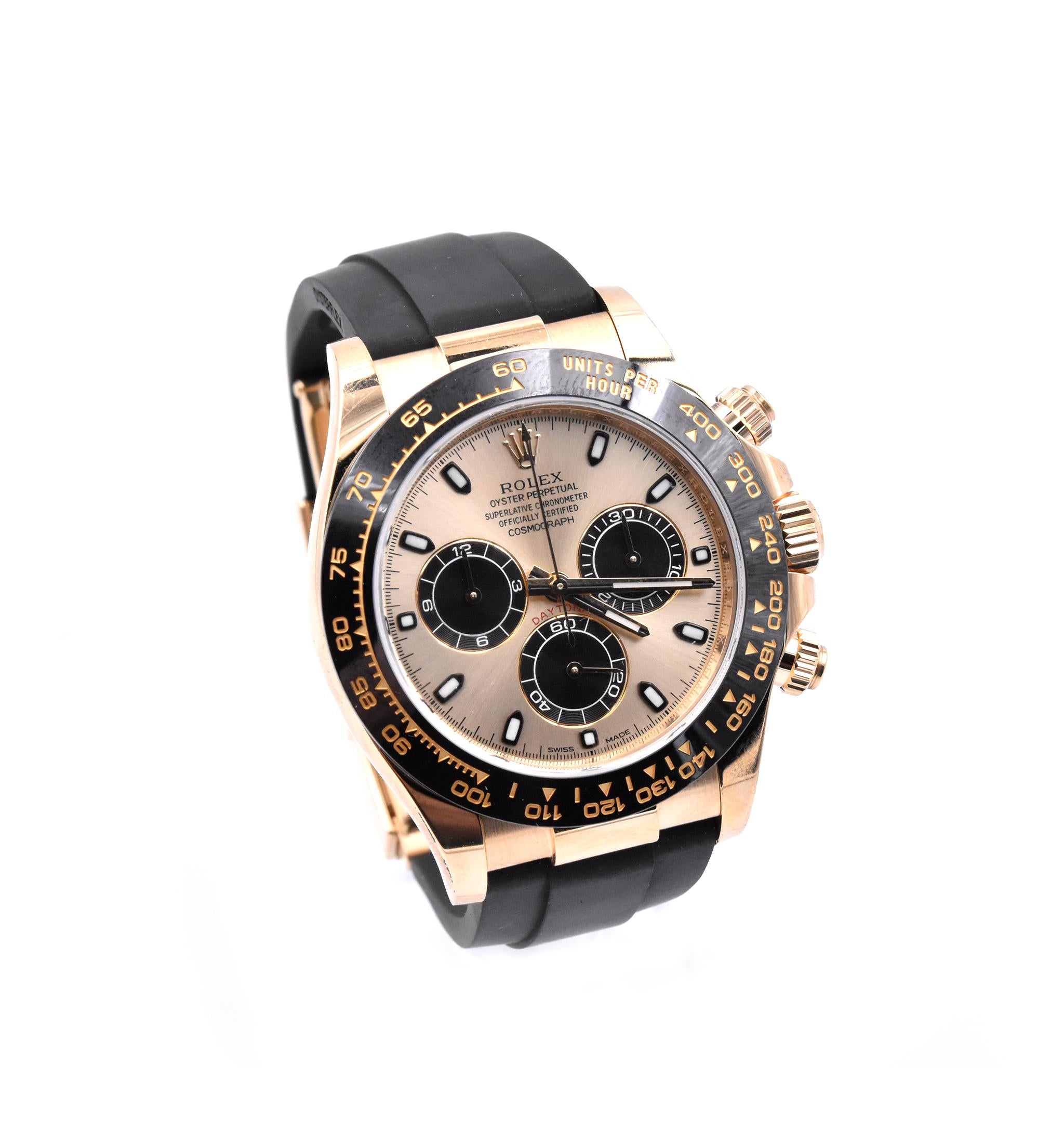 Movement: automatic 4130 movement
Function: hours, minutes, seconds, sub seconds, chronograph
Case: 18k yellow gold round 40mm case, tachymeter bezel, inner reflector ring engraved with serial number, sapphire crystal, screw-down crown and