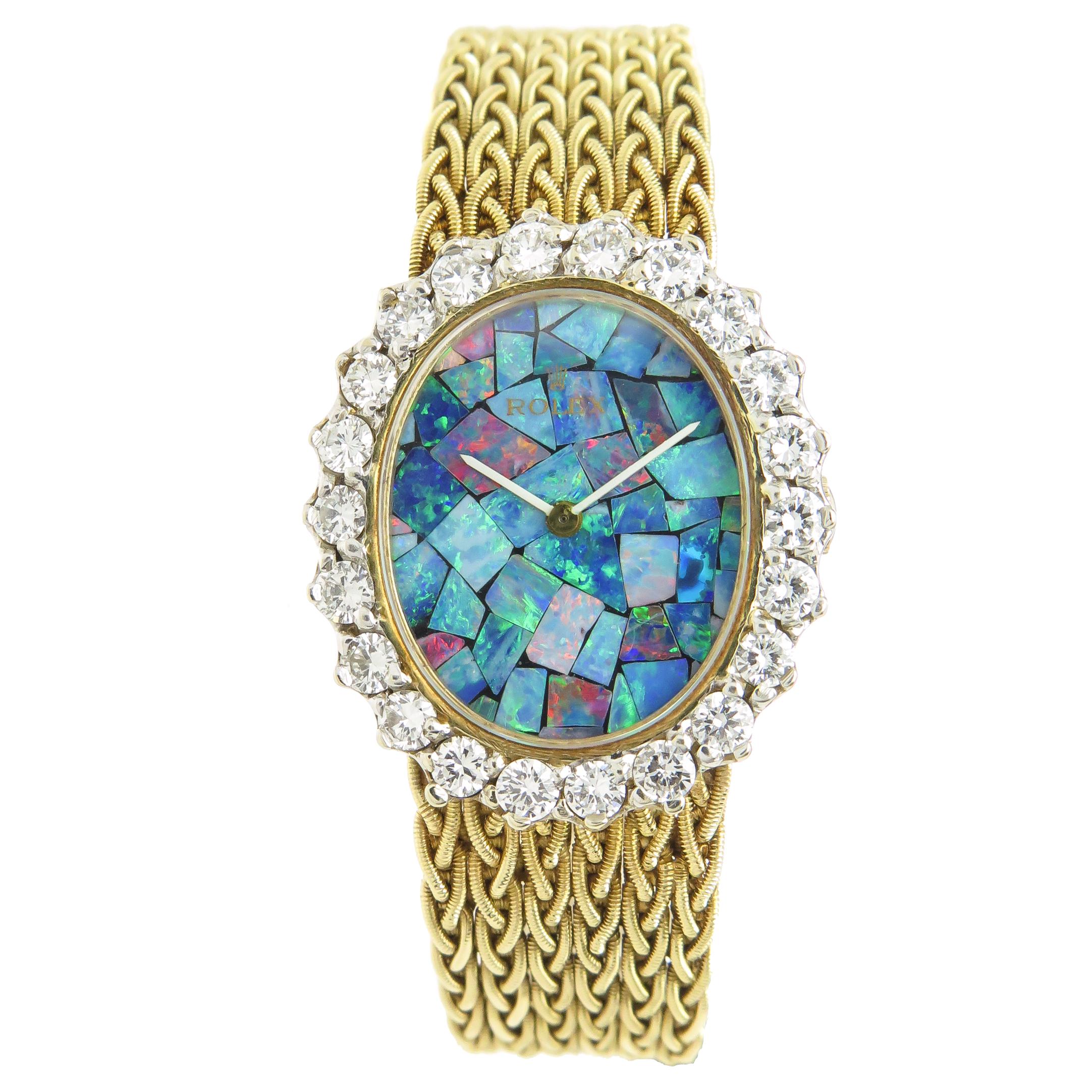 Rolex Yellow Gold Diamond and Opal Dial Ladies Manual Wind Wristwatch