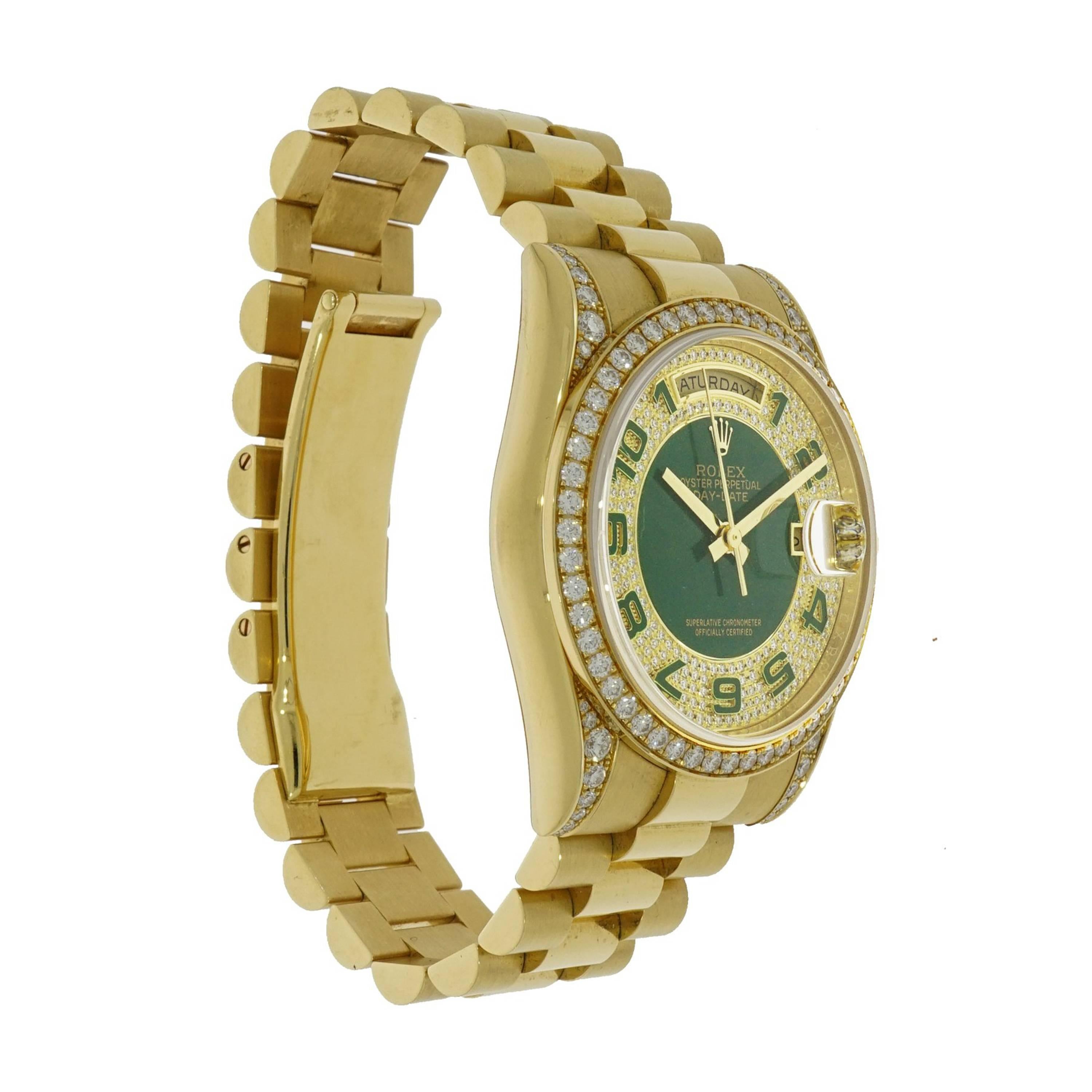 The Day/Date Rolex watch was the first one to spell out the day of the week in full and this watch represents the ultimate refinement.
This timepiece is a sparkling symphony that enhance the watch and enchant the wearer. 
Crafted in 18k yellow gold