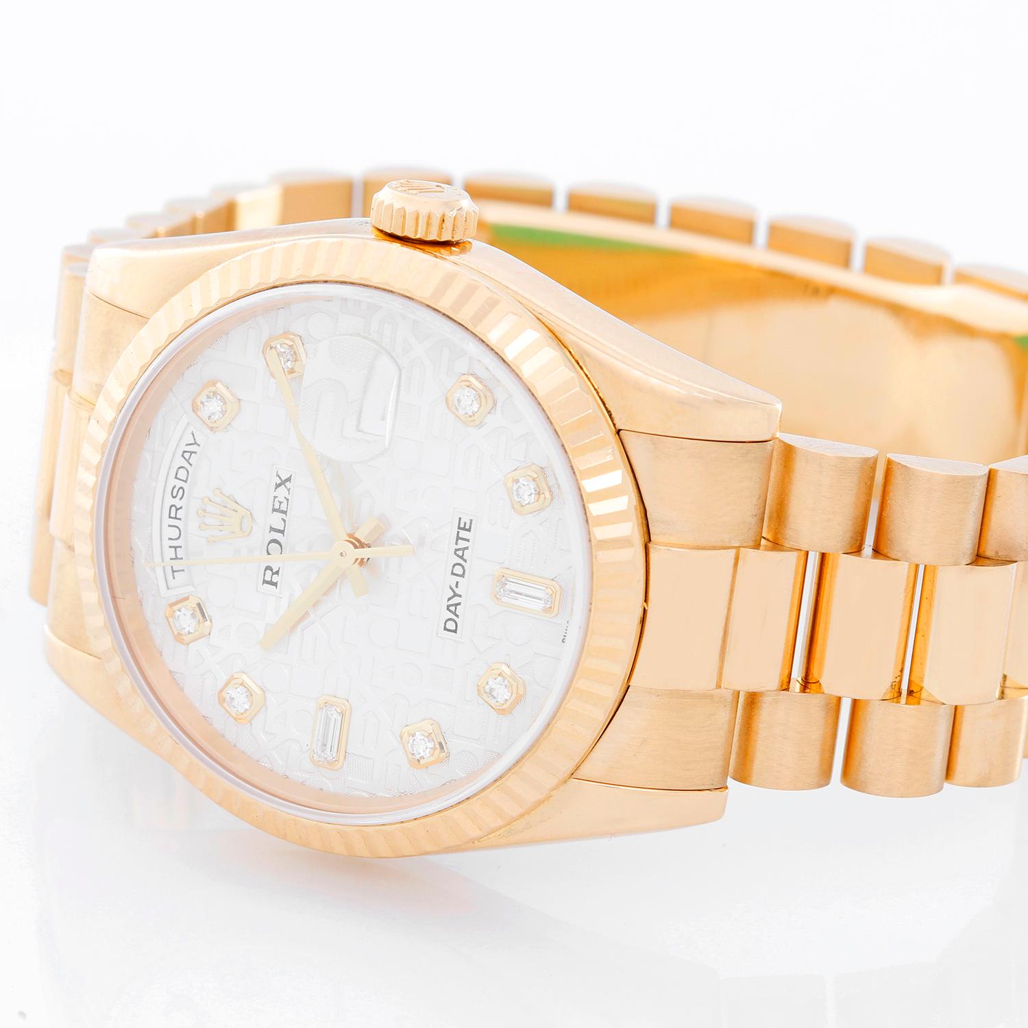 Rolex President Day-Date Men's 18k Gold Watch White Jubilee Diamond Dial 118238 - Automatic winding, 31 jewels, Quickset, sapphire crystal. 18k yellow gold case with fluted bezel (36mm diameter). White Jubilee diamond dial . 18k yellow gold