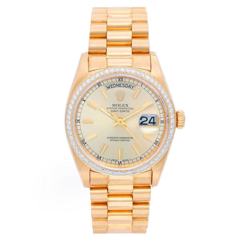 Rolex Yellow Gold Diamond President Day-Date Automatic Wristwatch Ref 18038 In Excellent Condition In Dallas, TX