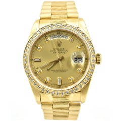 Vintage Rolex Yellow Gold Diamond President Day-Date Bark Finish Automatic Wristwatch