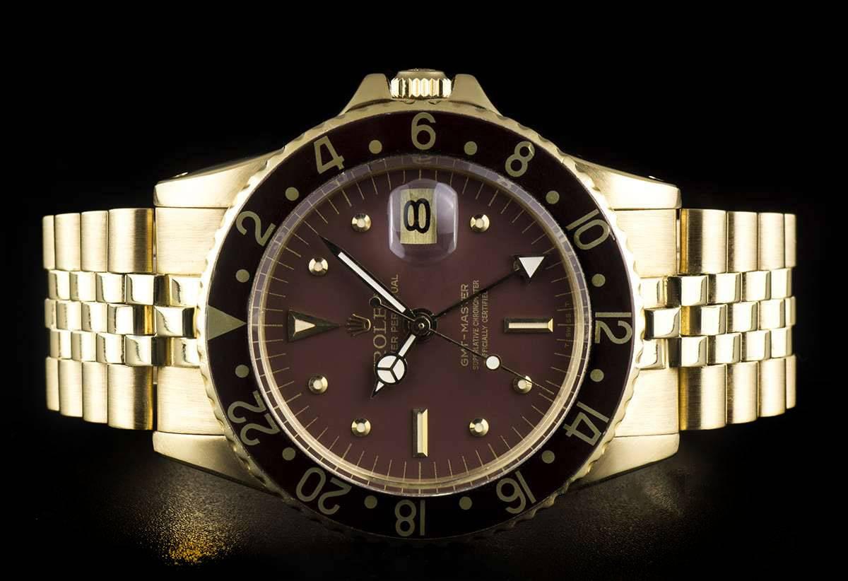 Rolex Yellow Gold GMT-Master Brown Dial Vintage Automatic Wristwatch, Ref 1675  In Excellent Condition In London, GB