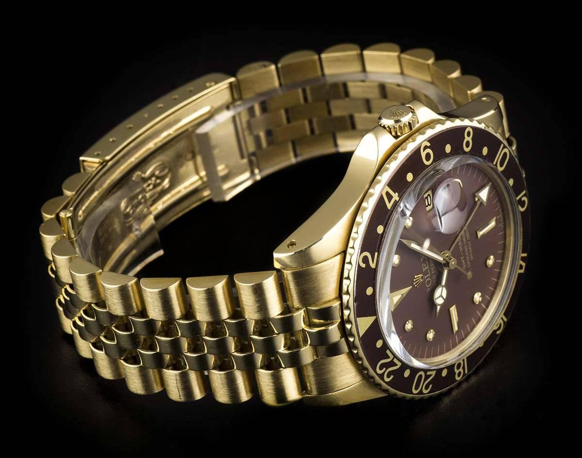 Men's Rolex Yellow Gold GMT-Master Brown Dial Vintage Automatic Wristwatch, Ref 1675 