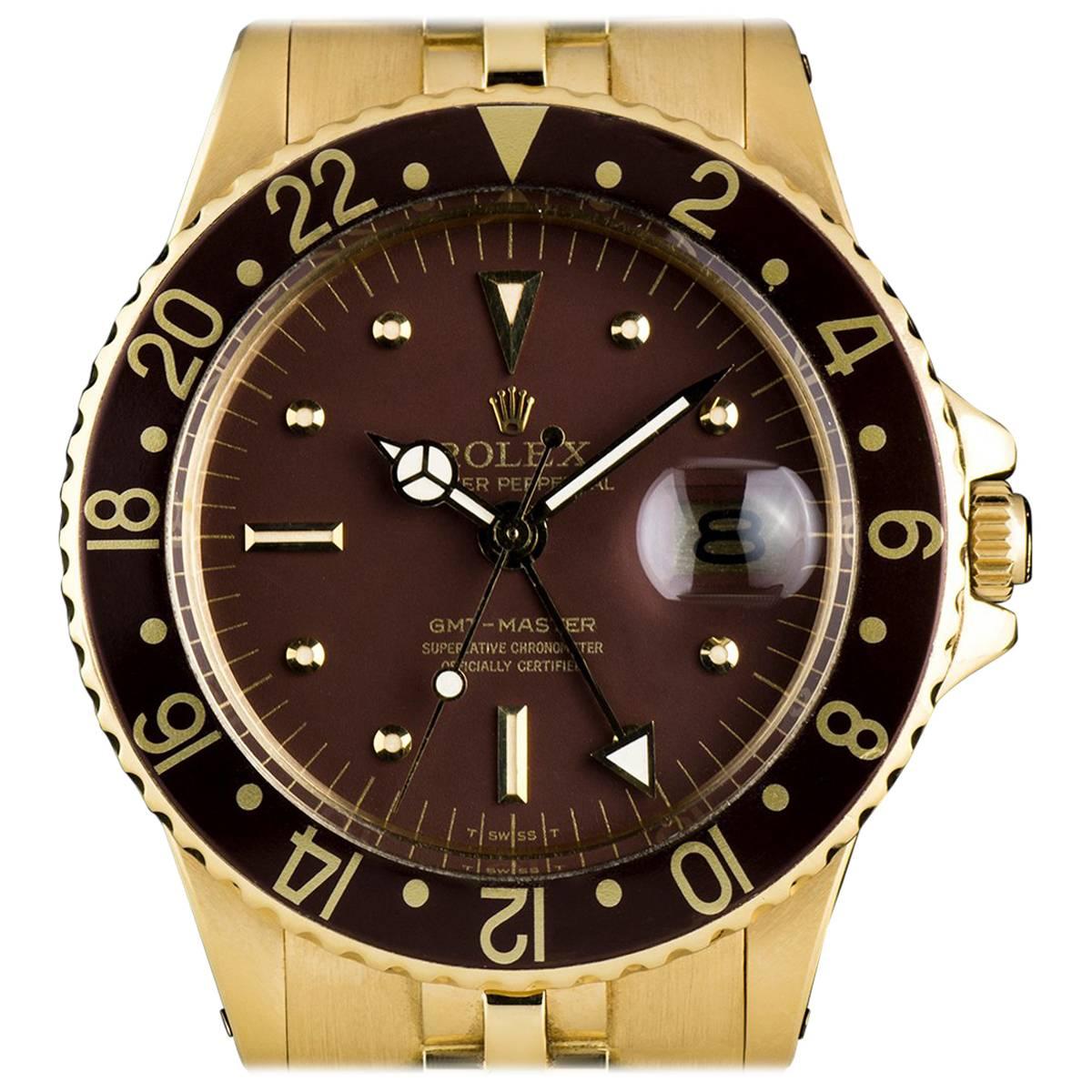 Rolex Yellow Gold GMT-Master Brown Dial Vintage Automatic Wristwatch, Ref 1675