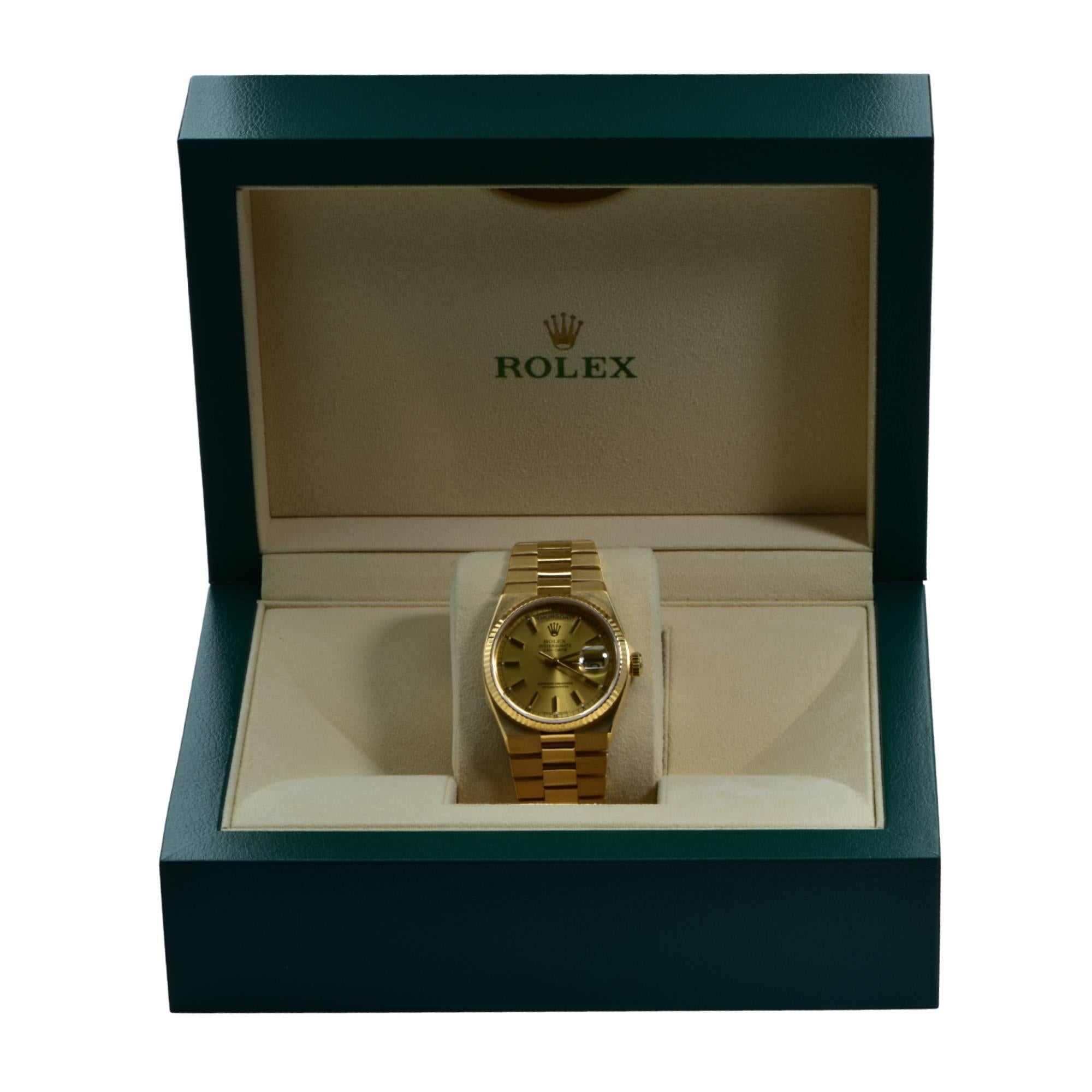 Women's or Men's Rolex Yellow Gold Oysterquartz Day-Date Quartz Wristwatch Ref 19018, circa 1979