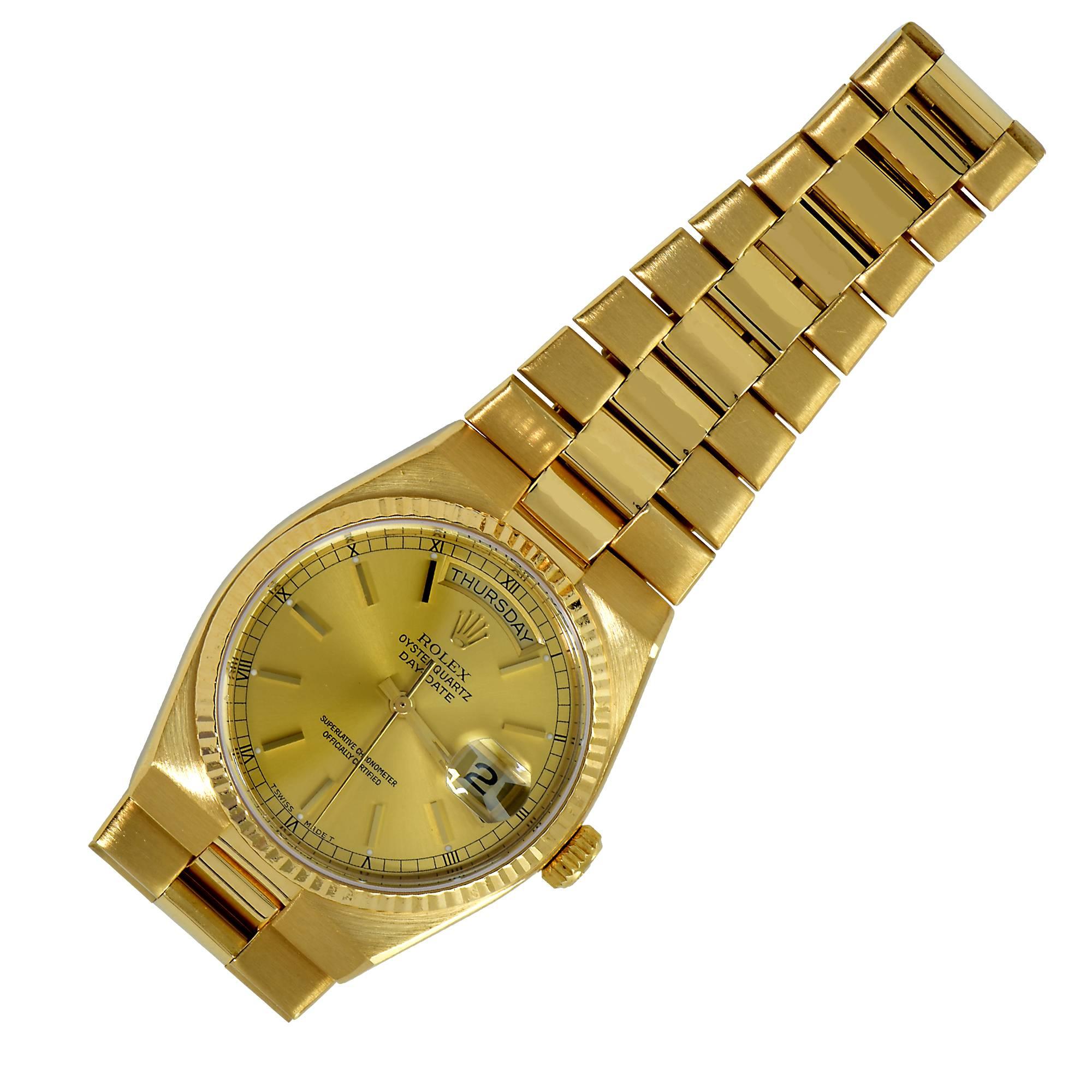 Rolex Yellow Gold Oysterquartz Day-Date Quartz Wristwatch Ref 19018, circa 1979 2