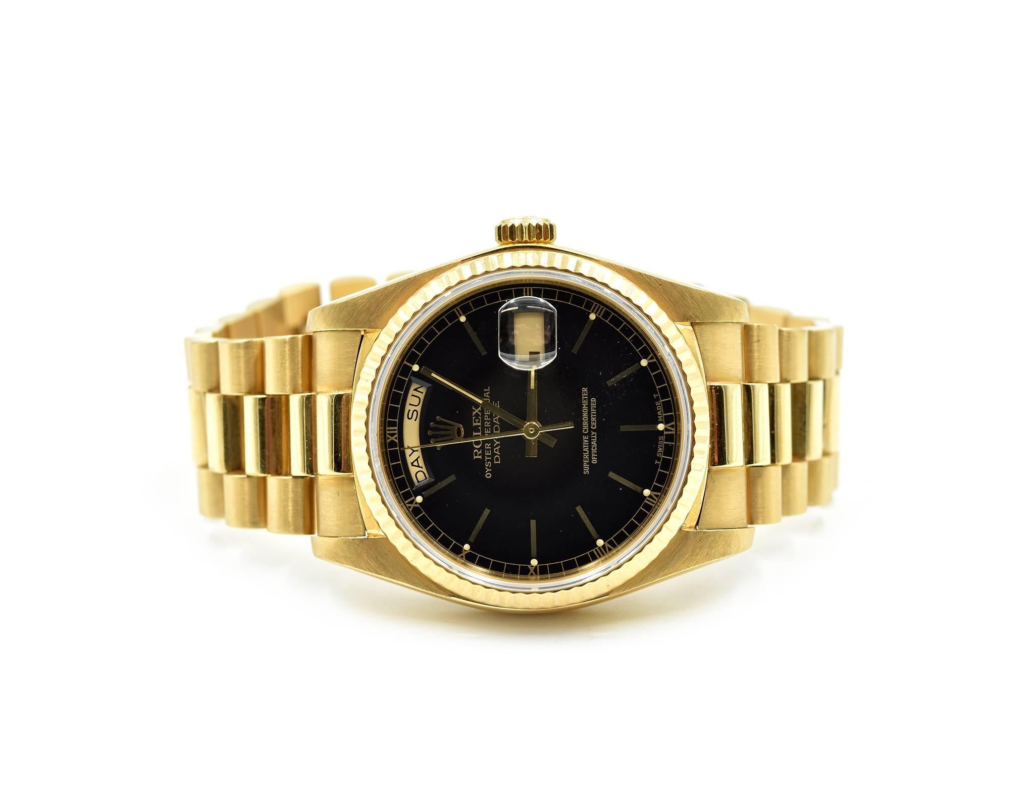 Rolex Yellow Gold President Black Dial Day-Date automatic Wristwatch Ref 18038 In Excellent Condition In Scottsdale, AZ