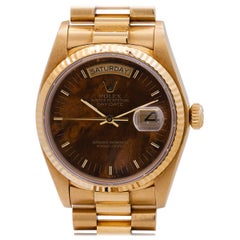 Rolex Yellow Gold President Burlwood Dial Day Date Wristwatch Ref 18038 c 1982 