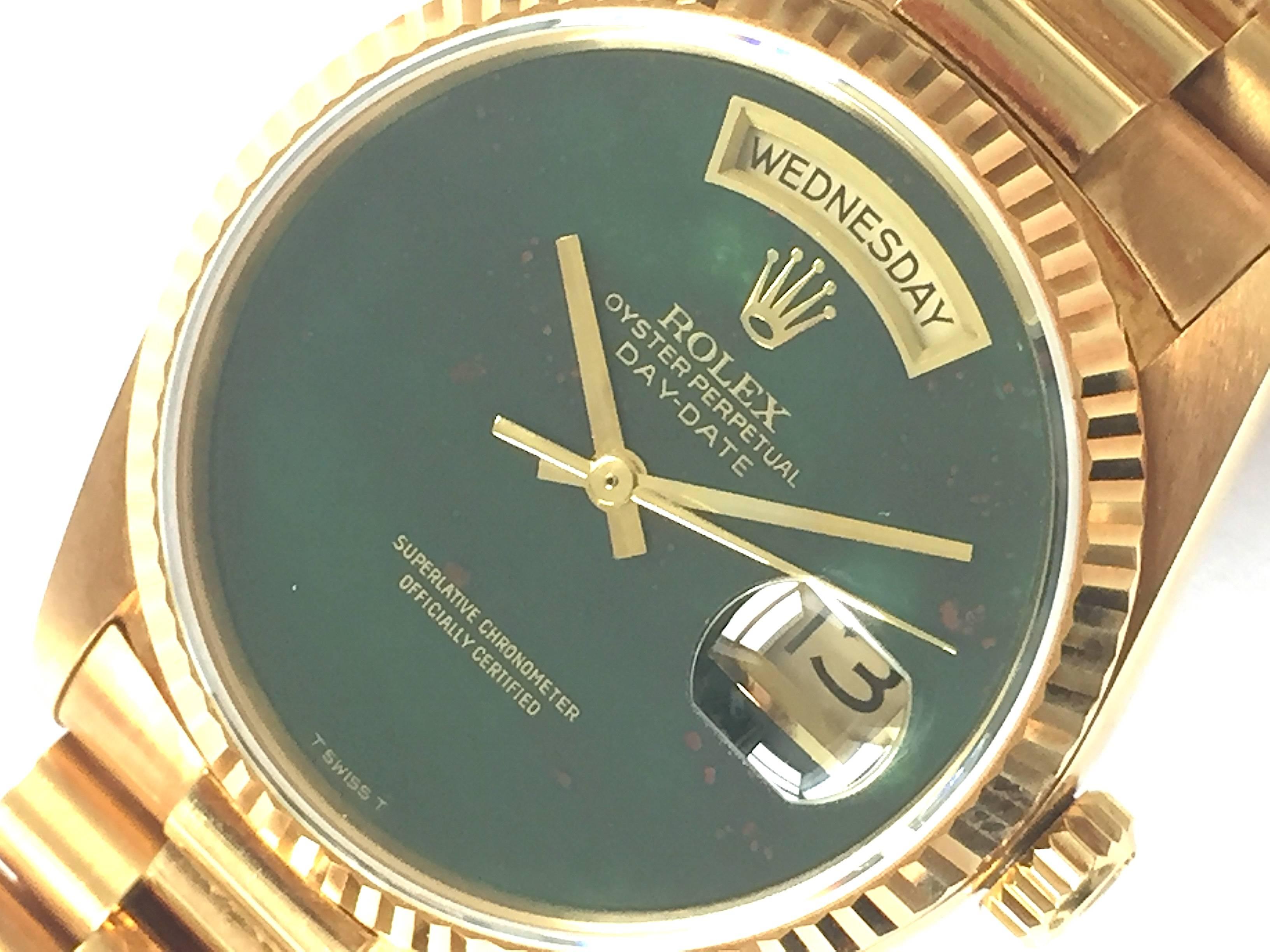 Rolex Yellow Gold President Day-Date Bloodstone Dial Automatic Wristwatch In Excellent Condition In New York, NY
