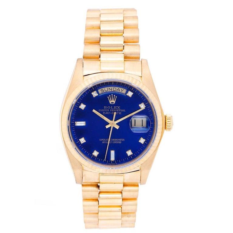 Rolex yellow gold President Day-Date Blue Diamond Dial wristwatch ref 18038  In Excellent Condition In Dallas, TX