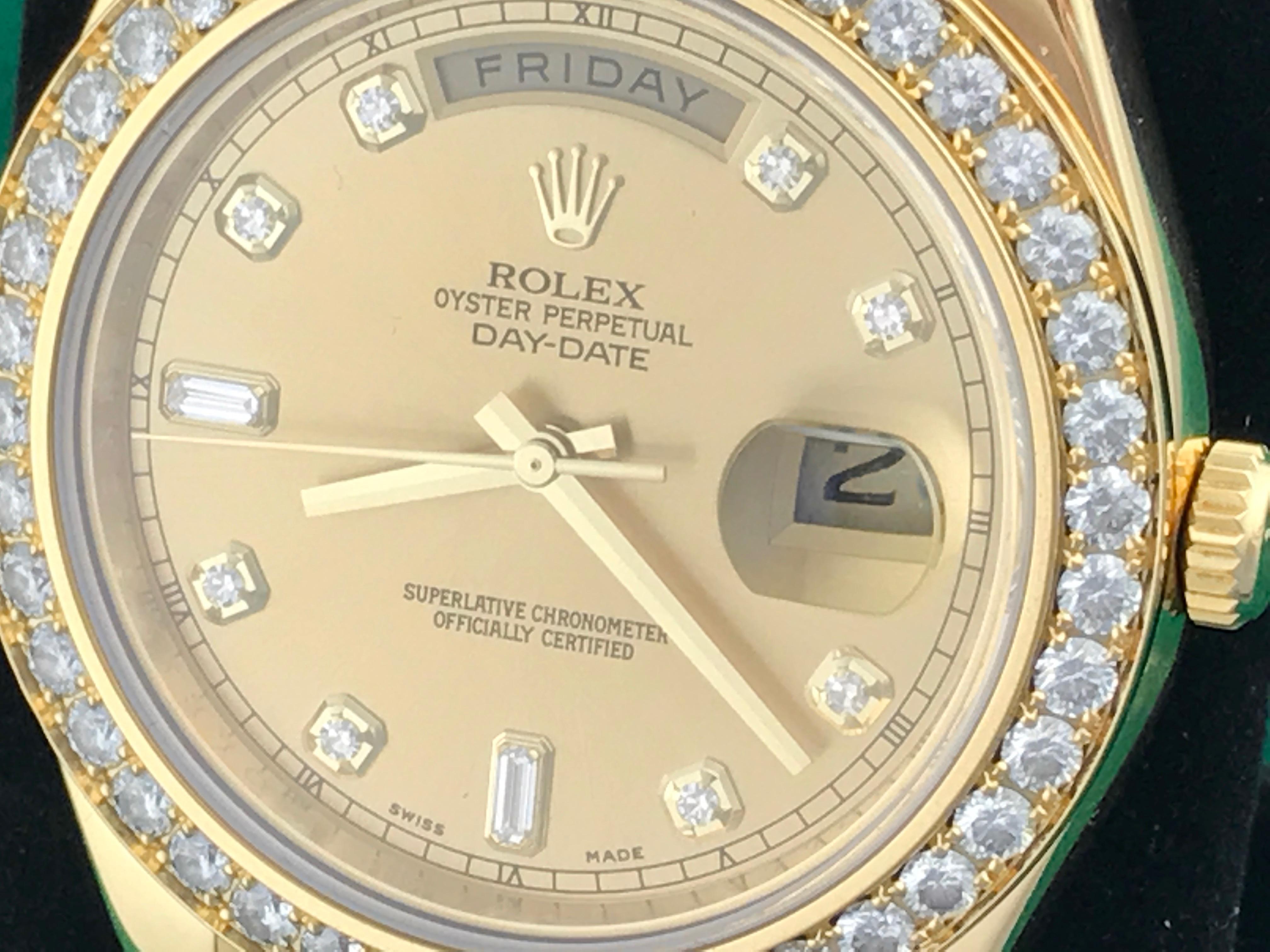 Rolex President Day-Date II Model 218348 Pre Owned Mens Automatic wrist watch. Champagne Diamond Dial with Rolex Diamond hour markers. 18k Yellow Gold case with Rolex Diamond bezel (41mm). 18k Yellow Gold hidden clasp President bracelet. Rolex box,