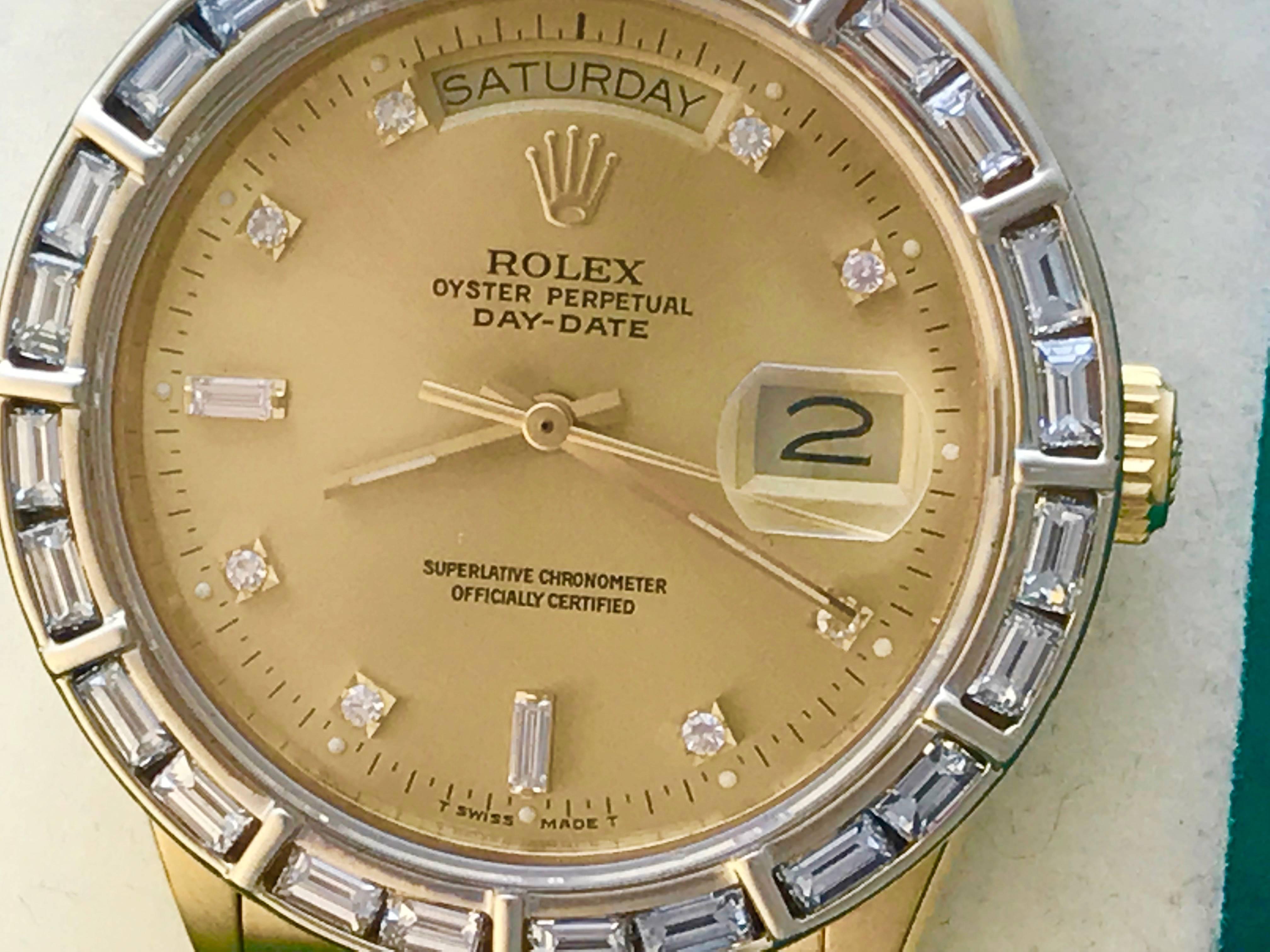 Rolex President Day-Date Model 18038 Pre Owned Mens Oyster Perpetual Automatic wrist watch. Champagne Dial with custom Diamond hour markers (8 round and 2 baguettes). 18k Yellow Gold case with custom 4 ct. baguette Diamond bezel (35mm). 18k Yellow