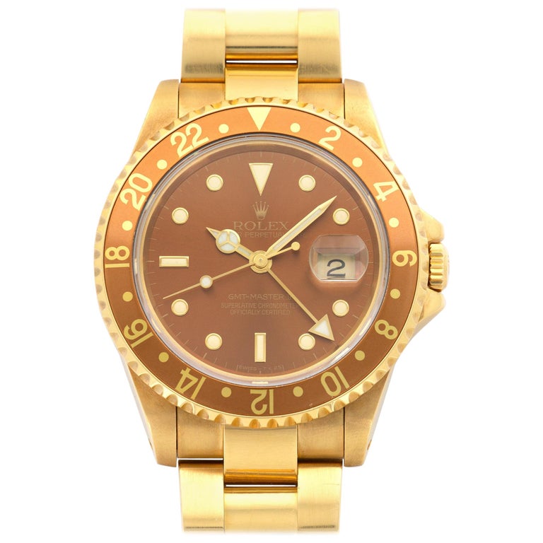 Rolex Yellow Gold "Root Beer" GMTMaster II Wristwatch Ref 16718 at 1stDibs
