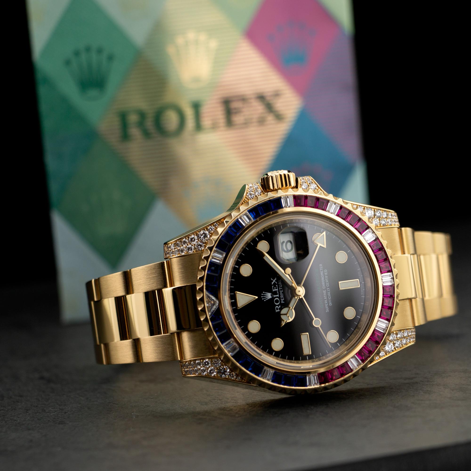 Rolex Yellow Gold Sapphire Ruby Diamond GMT-Master II Wristwatch Ref 116758 In New Condition In Beverly Hills, CA