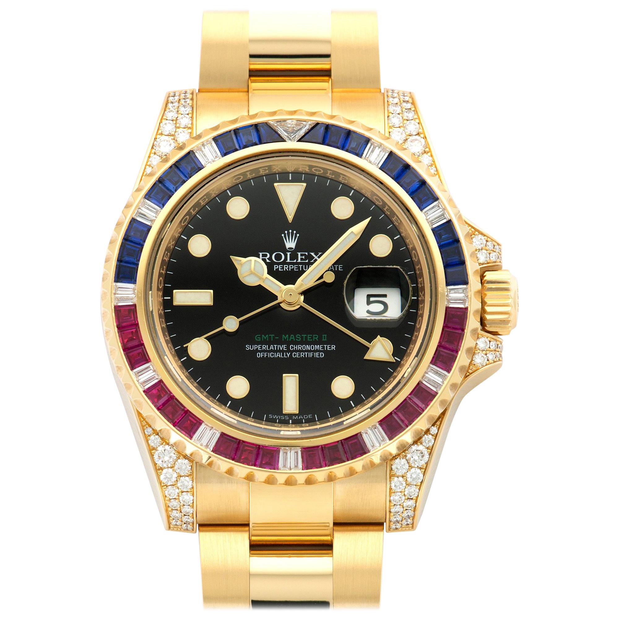 Rolex Yellow Gold Sapphire Ruby Diamond GMT-Master II Wristwatch Ref 116758