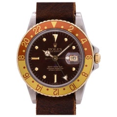 Rolex Yellow Gold Stainless Rootbeer Dial GMT self winding Wristwatch Ref 16753 