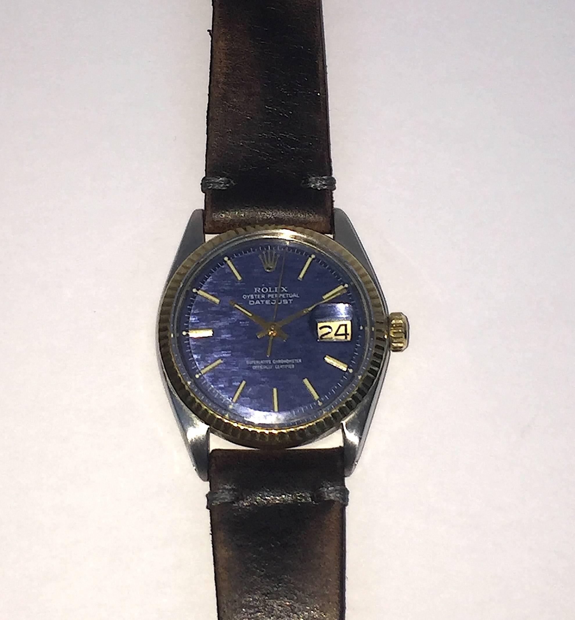 Rolex Yellow Gold Stainless Steel Blue Wave Dial Datejust Automatic Wristwatch In Excellent Condition In New York, NY