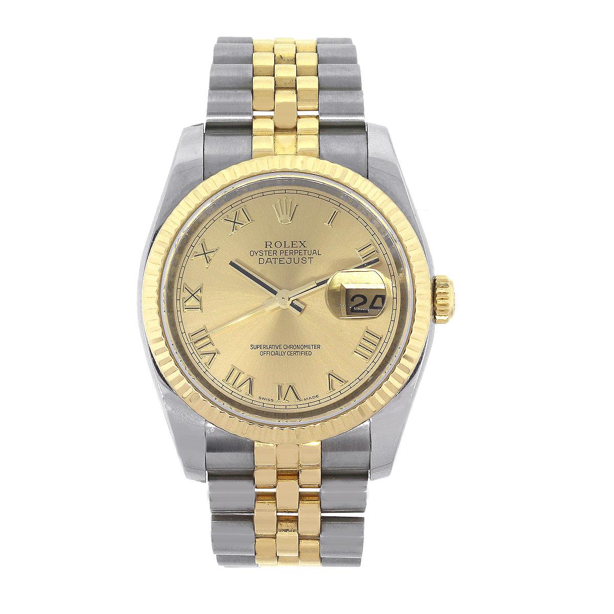 Brand: Rolex
MPN: 116233
Model: Datejust
Case Material: Stainless Steel
Case Diameter: 36mm
Crystal: Scratch resistant sapphire
Bezel: 18k Yellow Gold Fluted Bezel
Dial: Champagne dial with Roman numerals. Date window at the 3 o’clock