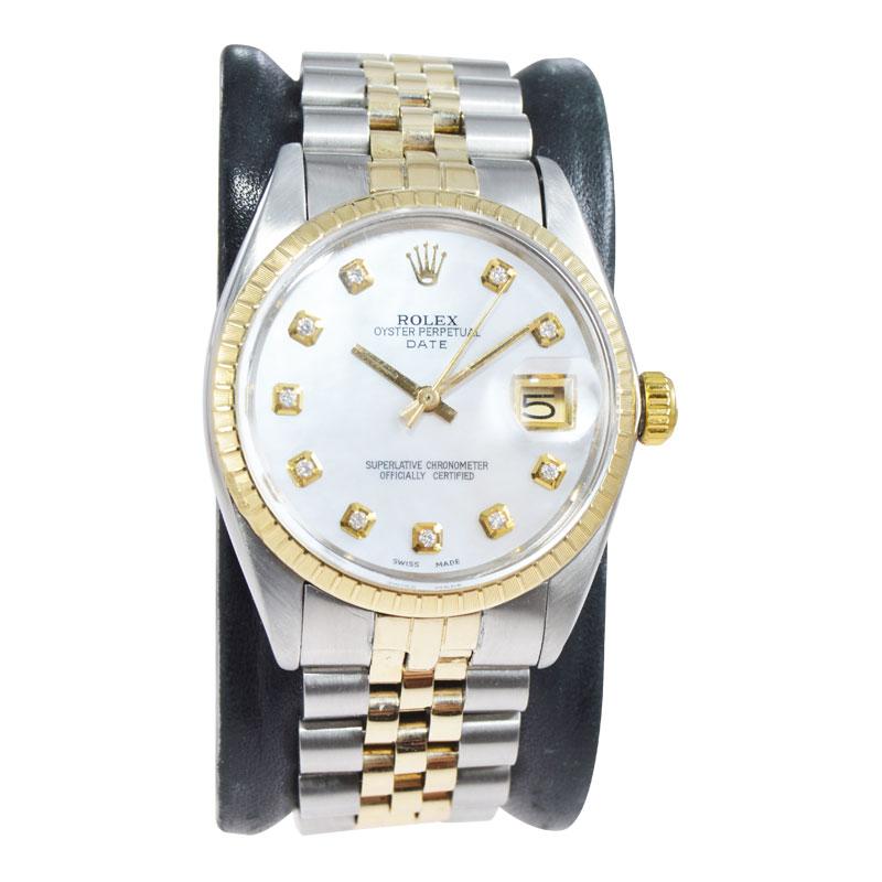 FACTORY / HOUSE: Rolex Watch Company
STYLE / REFERENCE: Oyster Perpetual / Date 
METAL / MATERIAL: 14Kt. Yellow Gold and Stainless Steel
DIMENSIONS: 40mm X 34mm
CIRCA: 1968 / 1969
MOVEMENT / CALIBER: Perpetual Winding / 26 Jewels / Cal. 1500
DIAL /