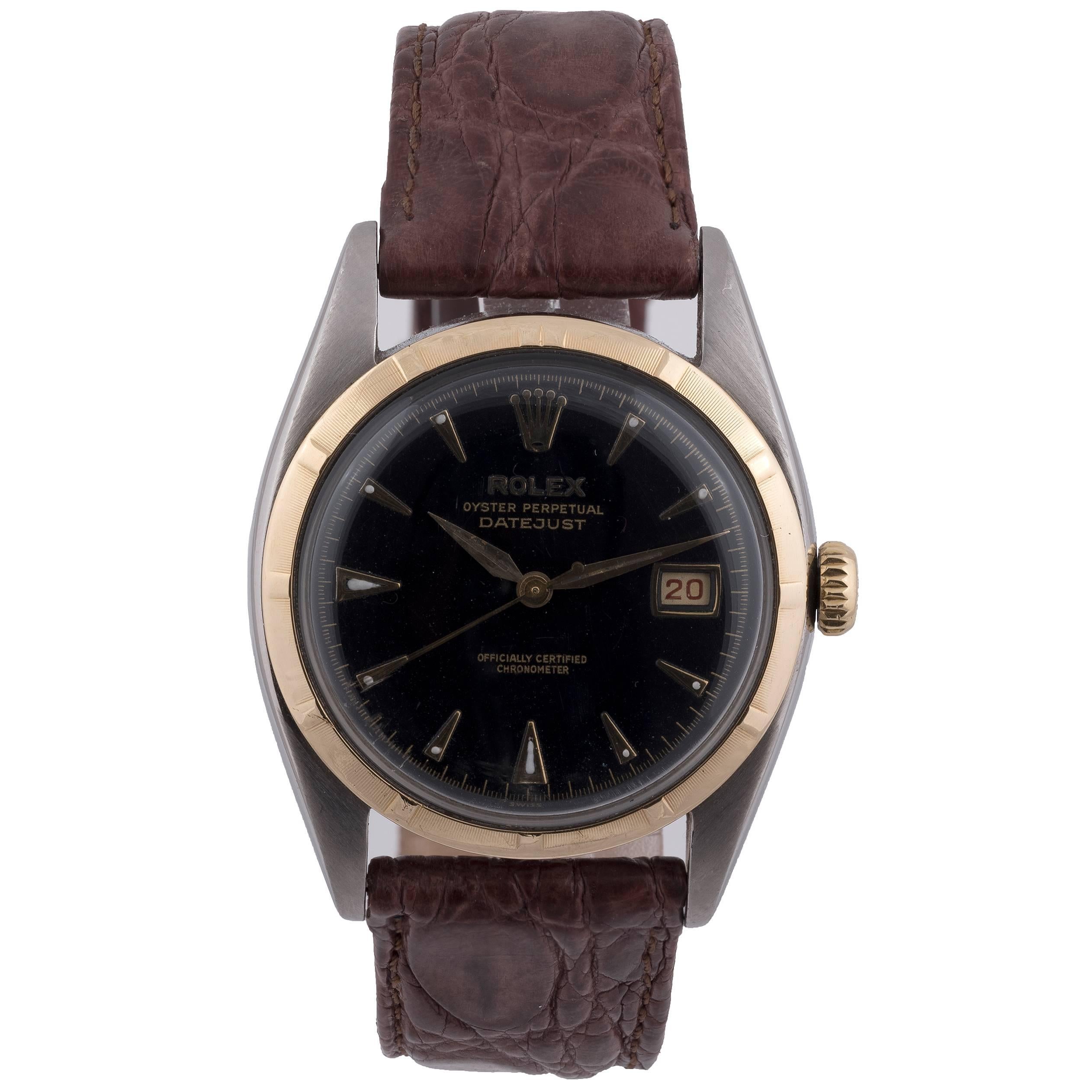 Rolex Yellow Gold Stainless Steel Datejust Big Bubbleback Wristwatch Ref 6075