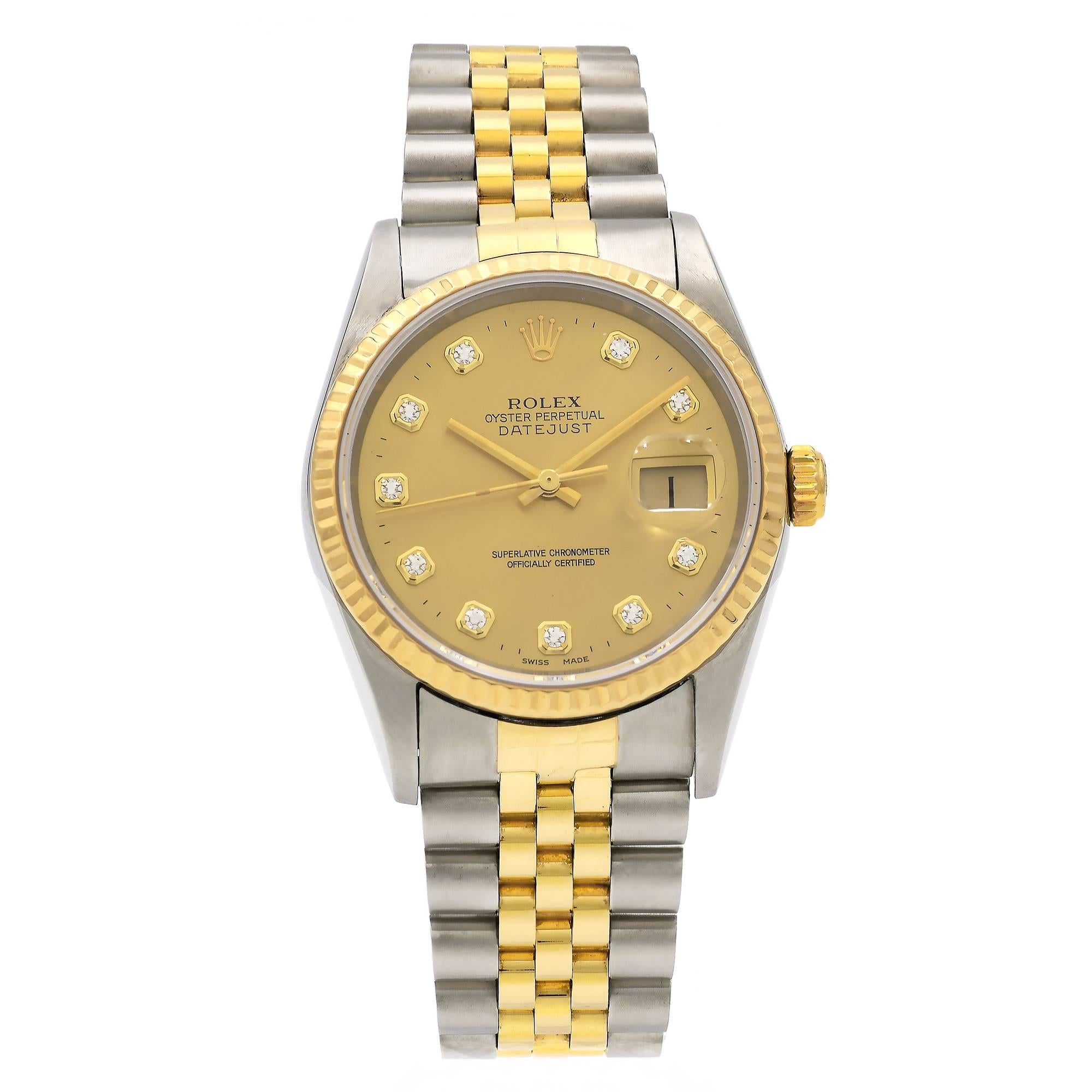 Mens Rolex Date Just 18k gold and steel with a factory original diamond dial. 18k and steel jubilee band. Secure catch. No holes on case lugs . Circa 2002. Links are available

10 Diamond markers
101.5 Grams
73.6 Inches
Length: 44mm
Width: 36mm
Band