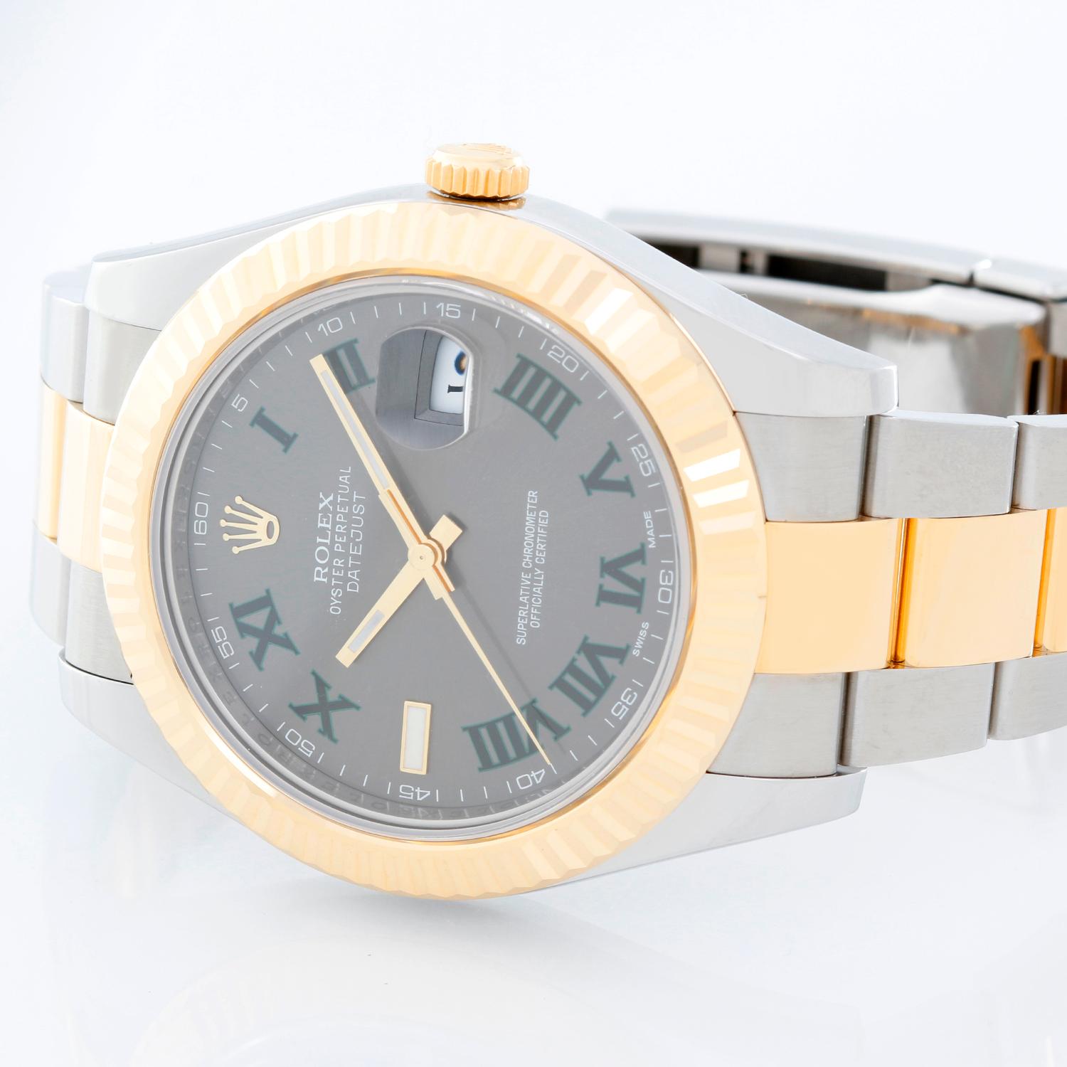 Rolex Datejust II  Men's 2-Tone Steel & Gold 41mm Watch 116333 - Automatic winding, Quickset, sapphire crystal. Stainless steel case with 18k yellow gold fluted bezel  (41mm diameter). Slate Gray dial with green Roman numerals; Marker at 9 o'clock.