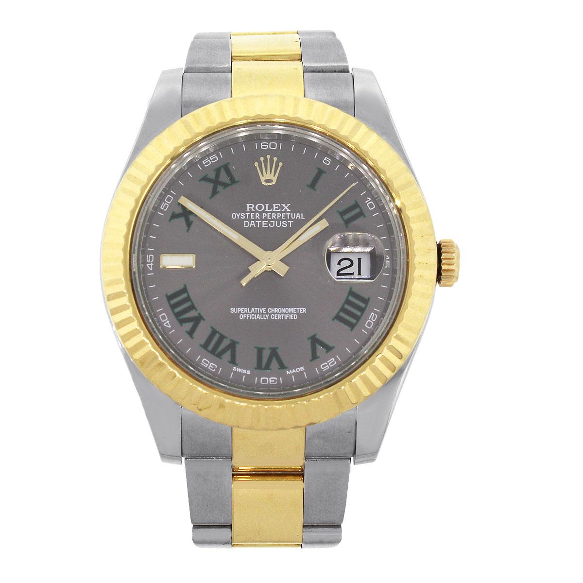 Brand: Rolex
MPN: 116333
Model: Datejust II
Case Material: Stainless Steel
Case Diameter: 41mm
Crystal: Scratch resistant sapphire
Bezel: 18k Yellow Gold Fluted Bezel
Dial: Gray dial with green roman numerals and gold hands. Date can be found at 3