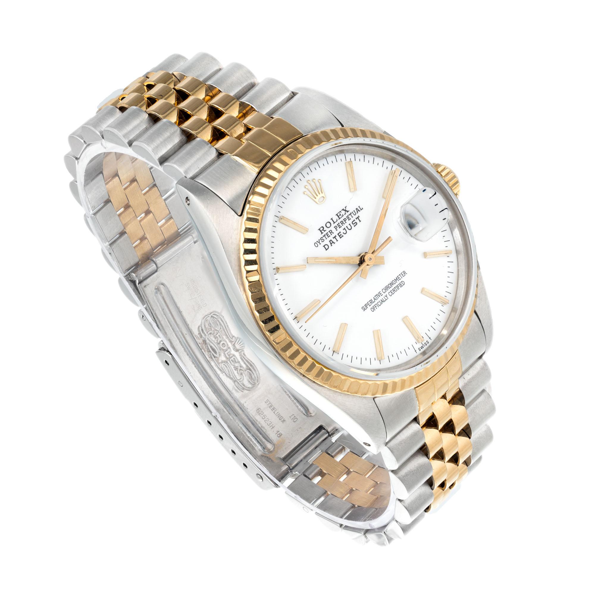 Mens Rolex Datejust 16013 circa 1984 white rolex dial. Sapphire crystal. Steel and 18k yellow gold band

18k yellow Gold
Stainless Steel 
Length: 43.80mm
Width: 36mm
Band width at case: 20mm
Case thickness: 11.72mm
Band: 18k Stainless Steel jubilee