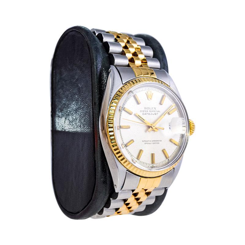 FACTORY / HOUSE: Rolex Watch Company
STYLE / REFERENCE: Datejust / Reference 1601
METAL / MATERIAL: Stainless Steel / 18Kt. Yellow Gold
DIMENSIONS: Length 43mm  X Diameter 36mm
CIRCA: 1970 / 71
MOVEMENT / CALIBER: Perpetual Winding /  26 Jewels /