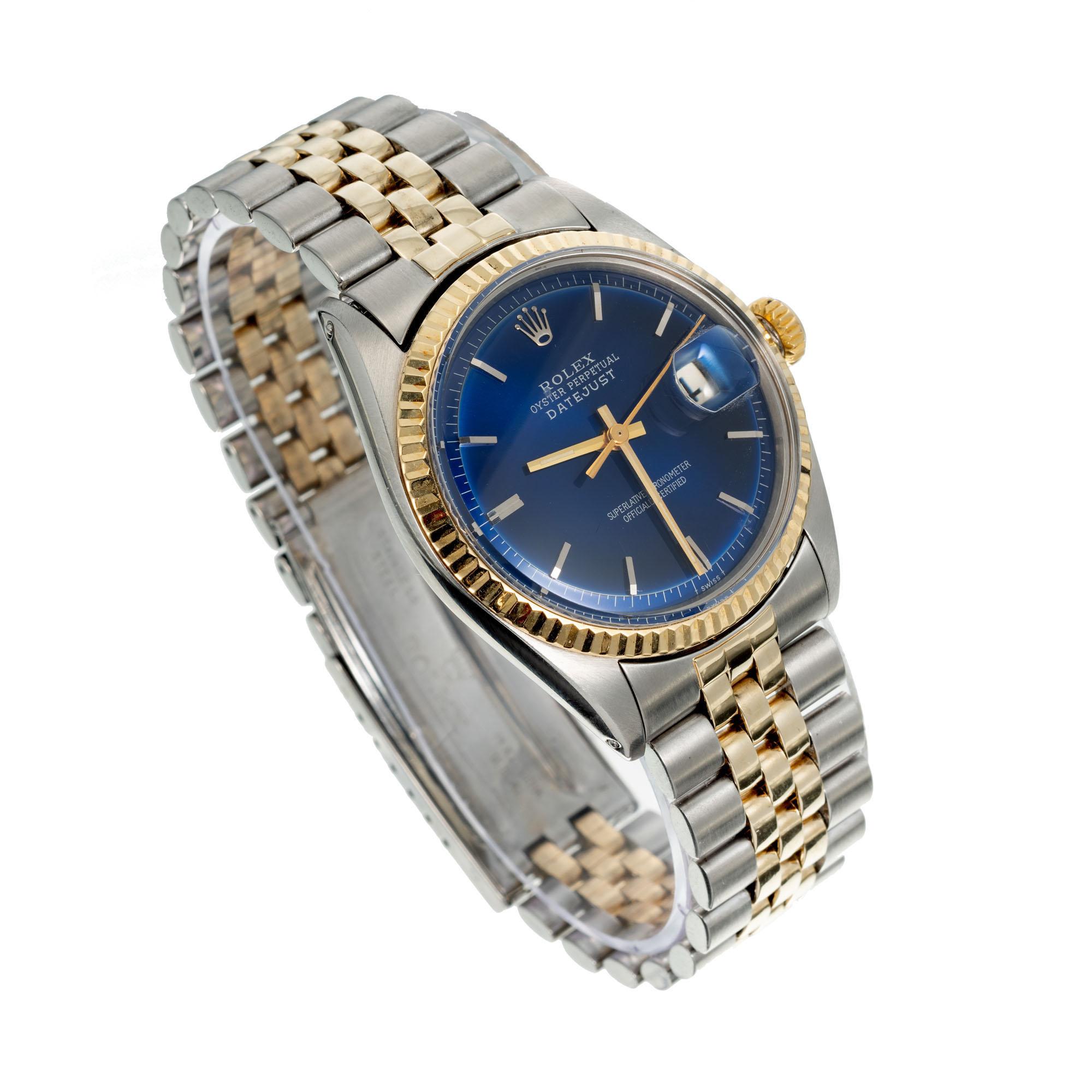 Vintage Rolex datejust model 1601 circa 1966. 14k stainless-steel and yellow gold case and band. Refinished royal blue dial. Upgraded sapphire. recently serviced. 

Length: 43.30mm
Width: 35mm
Band width at case: 20mm
Case thickness: 12.23m
Band: