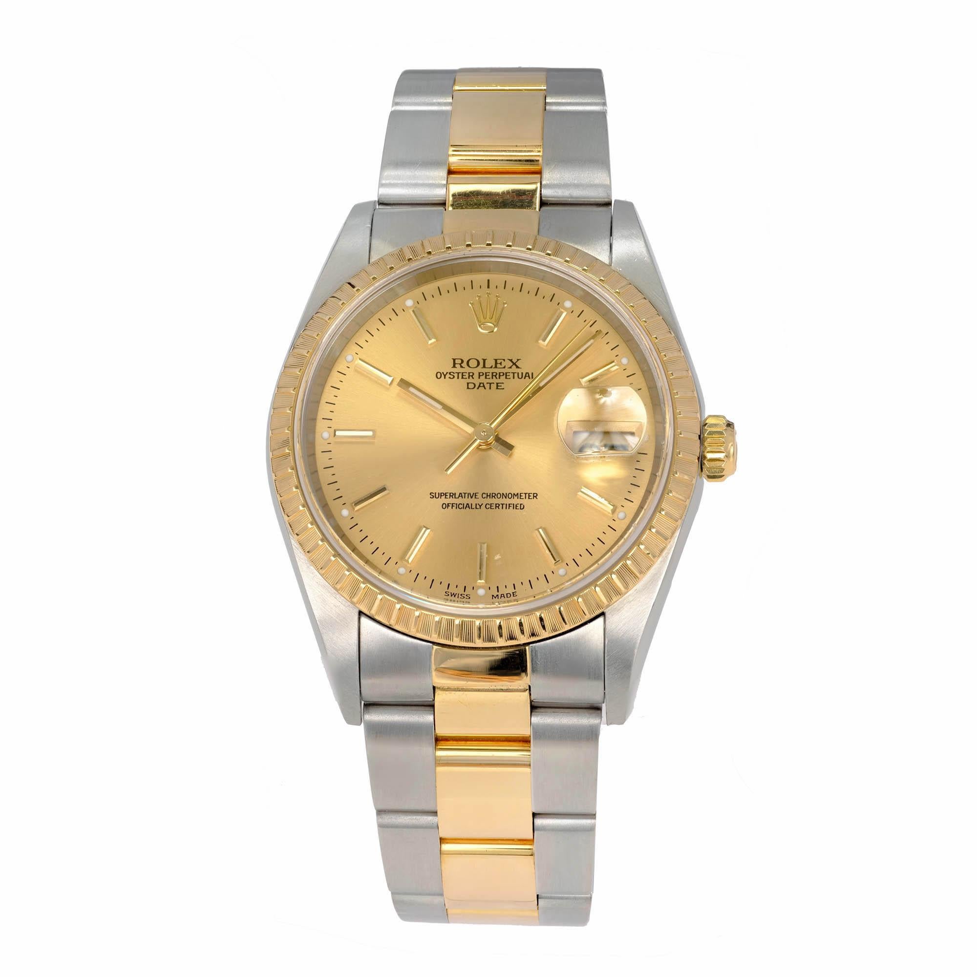 Mens two-tone 18k yellow gold stainless date just Rolex. Champagne dial with fluted bezel.

Length: 7 ½ - 8 inches
Width: 34mm
Band Width at case: 18mm
Band: Oyster two-tone
Crystal: sapphire
Dial: gold and steel
Other: Model 15223 Serial # A989755

