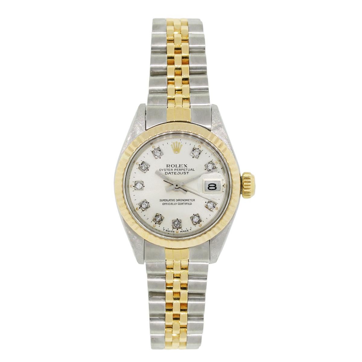 Brand: Rolex
MPN: 6916
Model: Datejust
Case Material: Stainless Steel
Case Diameter: 26mm
Crystal: Scratch resistant sapphire
Bezel: 18k Yellow Gold Fluted Bezel
Dial: Silvered diamond dial with date window at the 3 o’clock position.