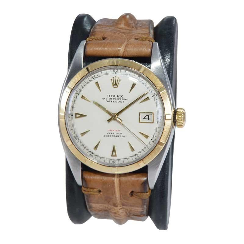 FACTORY / HOUSE: Rolex Watch Company
STYLE / REFERENCE: Datejust / Reference 6105
METAL / MATERIAL: 14Kt. Yellow Gold and Stainless Steel
DIMENSIONS: Length 44mm X Diameter 36mm
CIRCA: 1953 / 1954
MOVEMENT / CALIBER: Perpetual (Automatic) Winding /