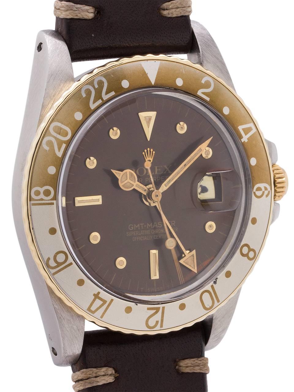 Rolex Yellow Gold Stainless Steel GMT Rootbeer Self Winding Wristwatch, c1978 In Excellent Condition In West Hollywood, CA