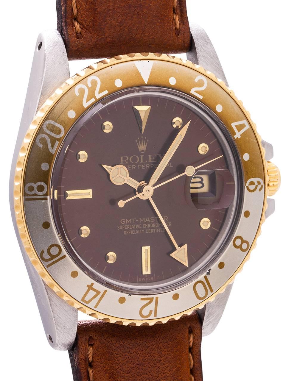 Rolex Yellow Gold Stainless Steel GMT “Rootbeer” self winding wristwatch, c.1980 In Excellent Condition In West Hollywood, CA