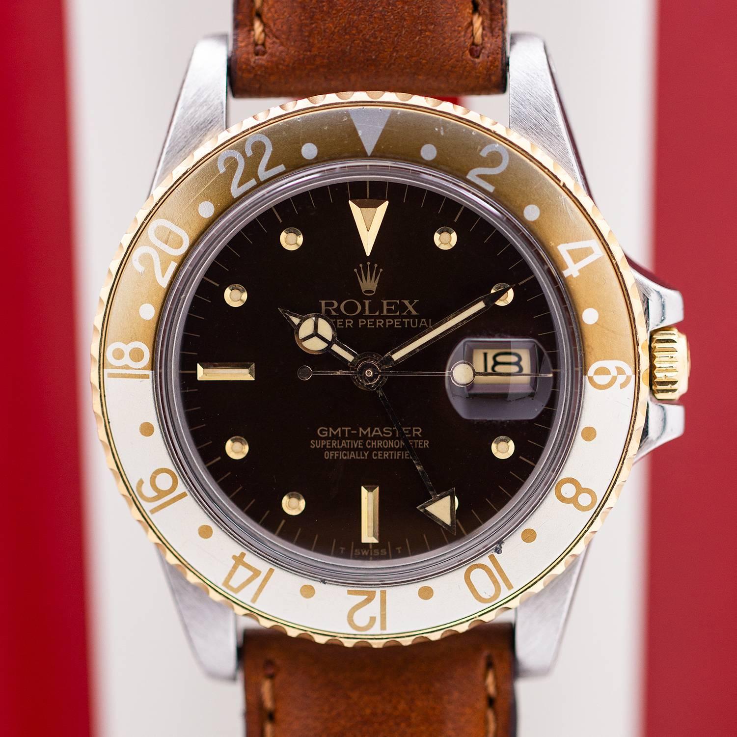 Rolex Yellow Gold Stainless Steel GMT “Rootbeer” self winding wristwatch, c.1980 1