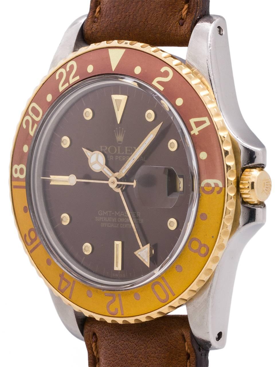 
Great looking and popular vintage Rolex ref# 16753 GMT stainless steel and 18K YG circa 1980. Fondly nicknamed the “Rootbeer GMT”. Featuring a 40mm diameter case with bi-directional 24 hour, two toned bezel in brown and gold, in stunning condition