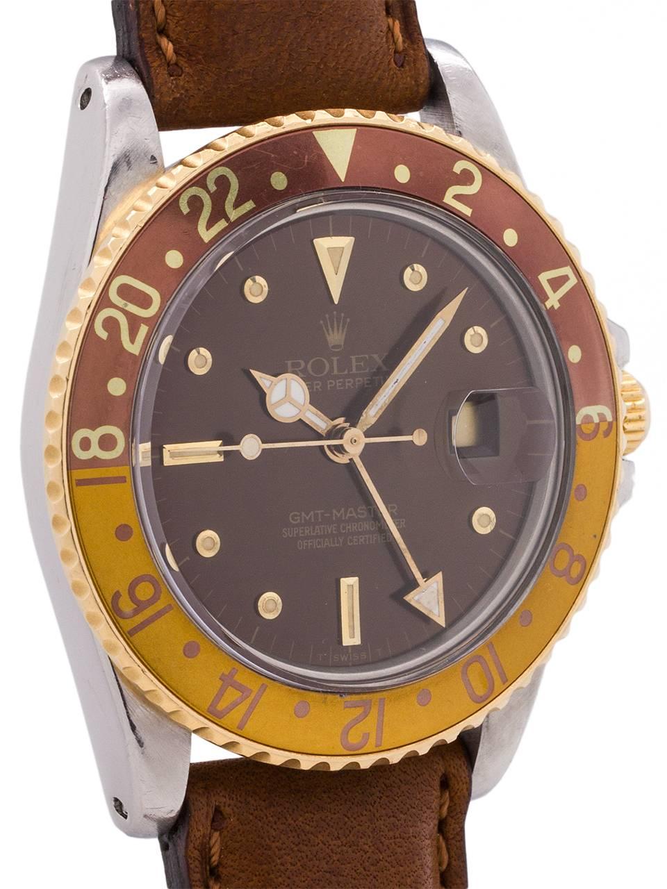 Rolex Yellow Gold Stainless Steel Rootbeer GMT Self Winding Wristwatch, c 1980 In Excellent Condition In West Hollywood, CA