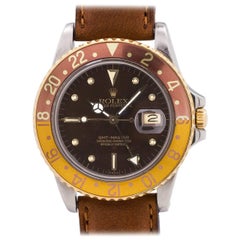Retro Rolex Yellow Gold Stainless Steel Rootbeer GMT Self Winding Wristwatch, c 1980
