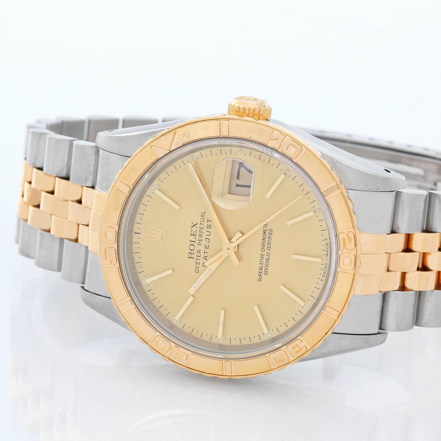 Rolex Turnograph Men's 2-Tone Watch 16263 - Automatic winding, 31 jewels, Quickset, sapphire crystal. Stainless steel case with 18k yellow gold bezel (36mm diameter). Champagne dial with stick markers. Stainless steel and 18k yellow gold Jubilee
