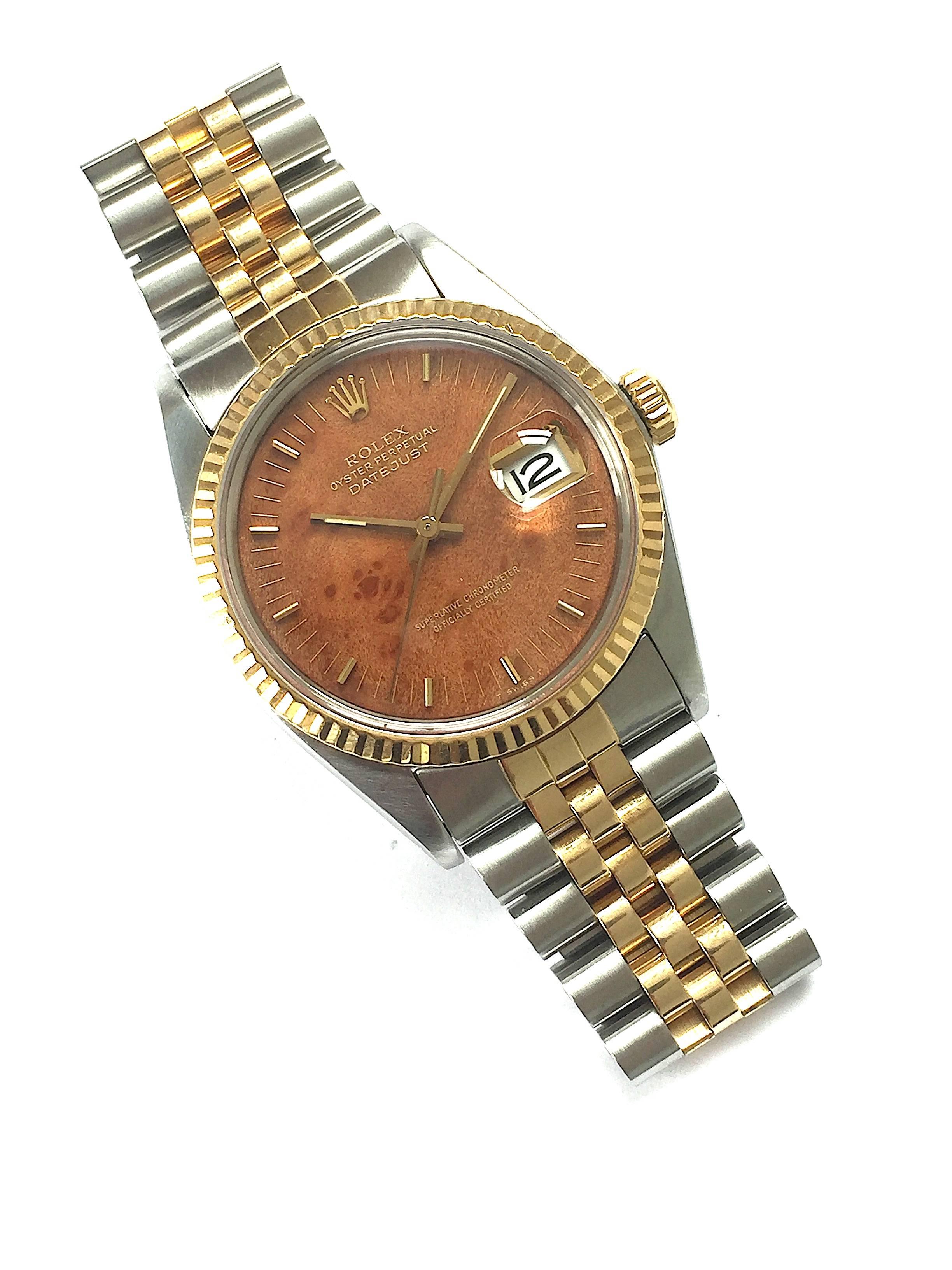Rolex Yellow Gold Stainless Wood Dial Oyster Perpetual Datejust Wristwatch, 1980 In Excellent Condition For Sale In New York, NY