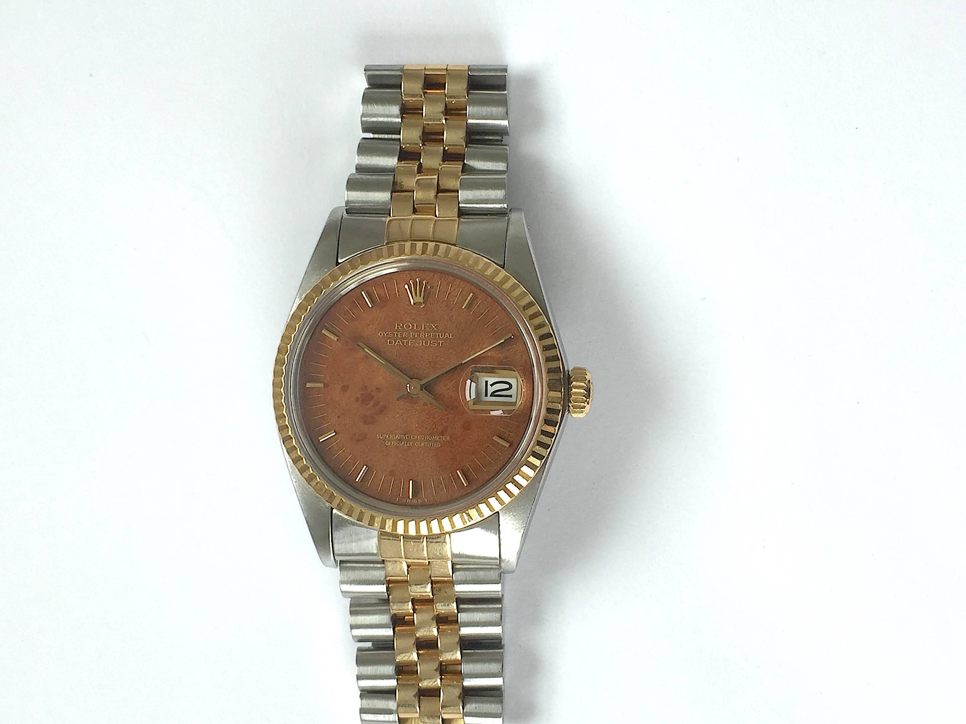 Women's or Men's Rolex Yellow Gold Stainless Wood Dial Oyster Perpetual Datejust Wristwatch, 1980 For Sale