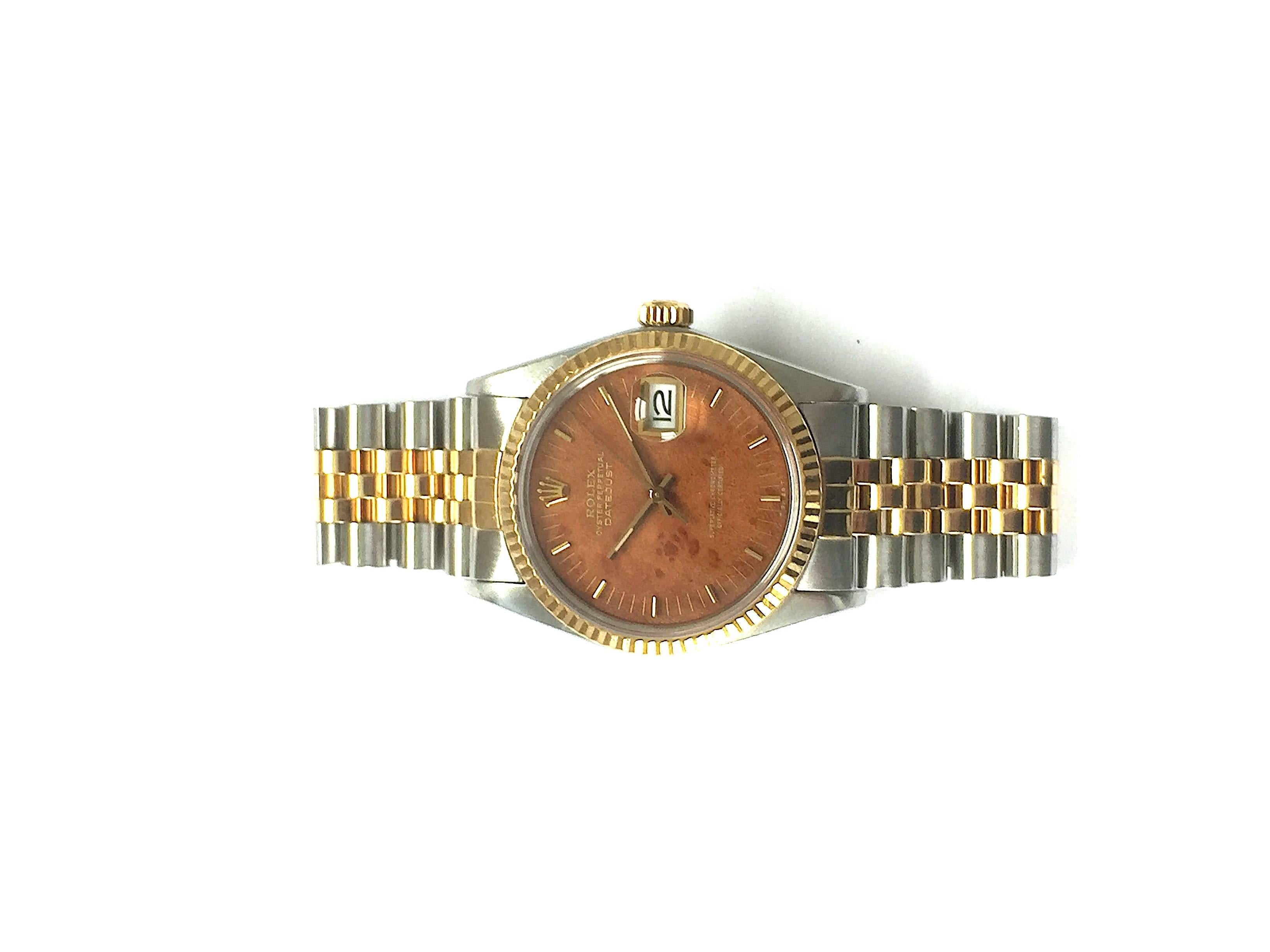 Rolex Yellow Gold Stainless Wood Dial Oyster Perpetual Datejust Wristwatch, 1980 For Sale 1
