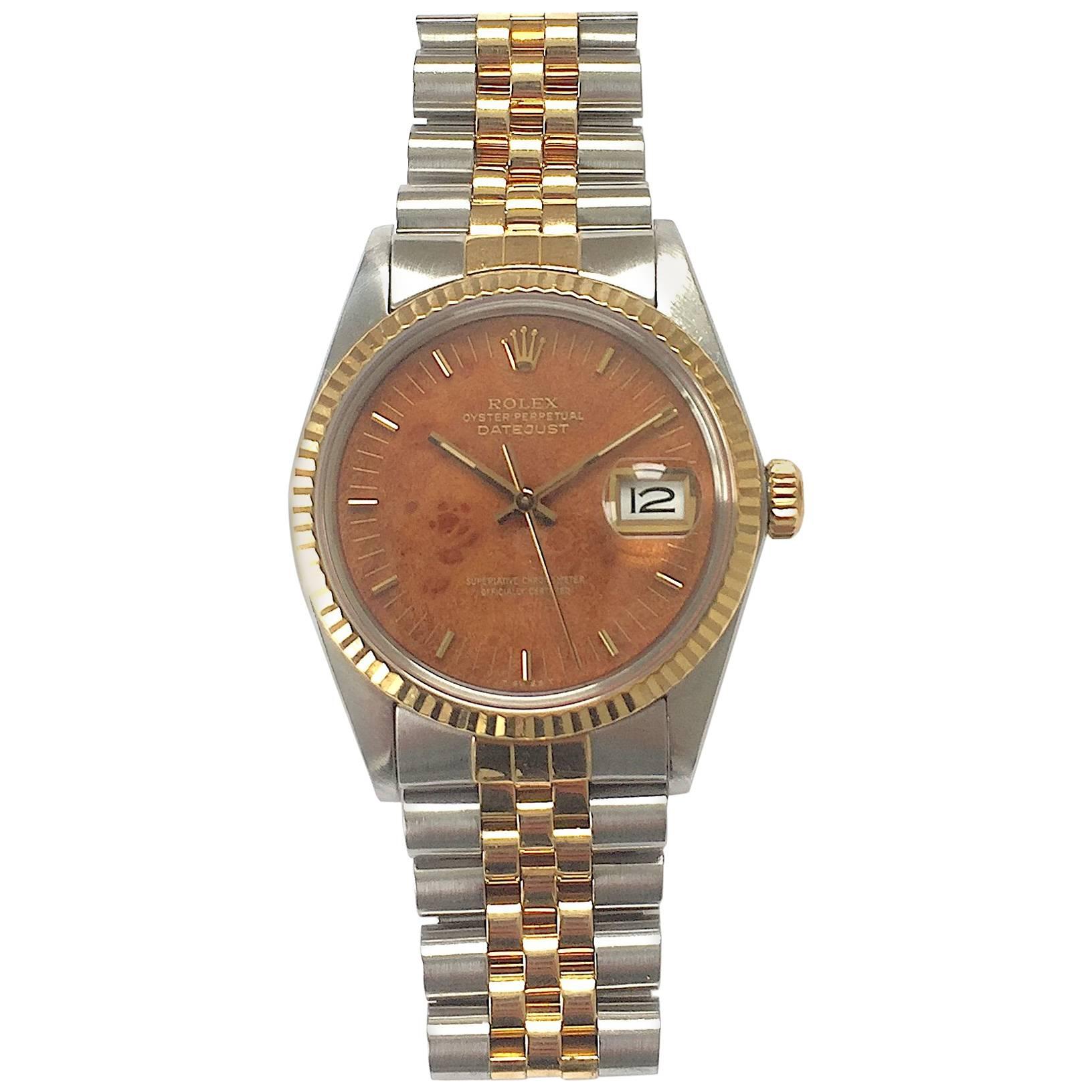 Rolex Yellow Gold Stainless Wood Dial Oyster Perpetual Datejust Wristwatch, 1980 For Sale