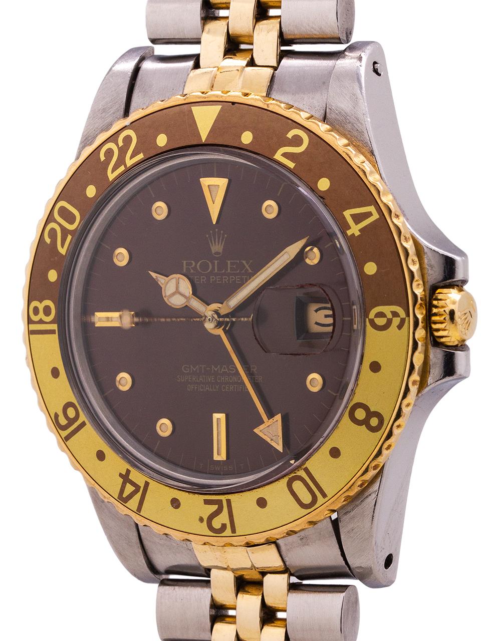 Rolex Yellow Gold Steel GMT Rootbeer dial self winding wristwatch, circa 1981 In Excellent Condition For Sale In West Hollywood, CA