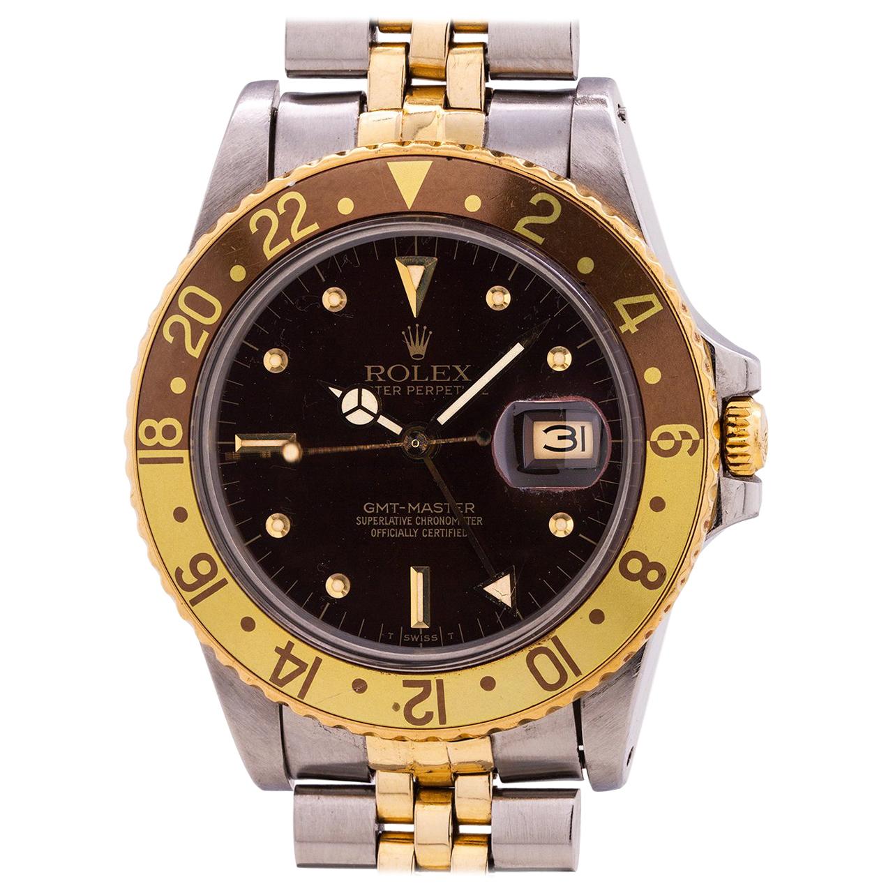 Rolex Yellow Gold Steel GMT Rootbeer dial self winding wristwatch, circa 1981 For Sale