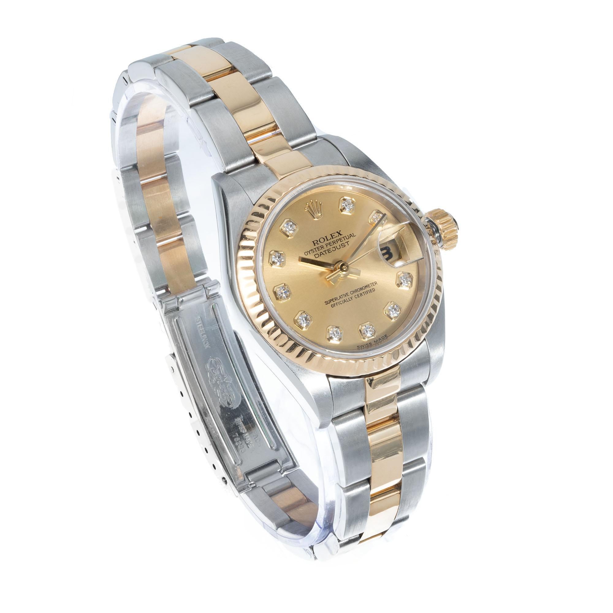 Round Cut Rolex Yellow Gold Steel Ladies Diamond Datejust Wristwatch
