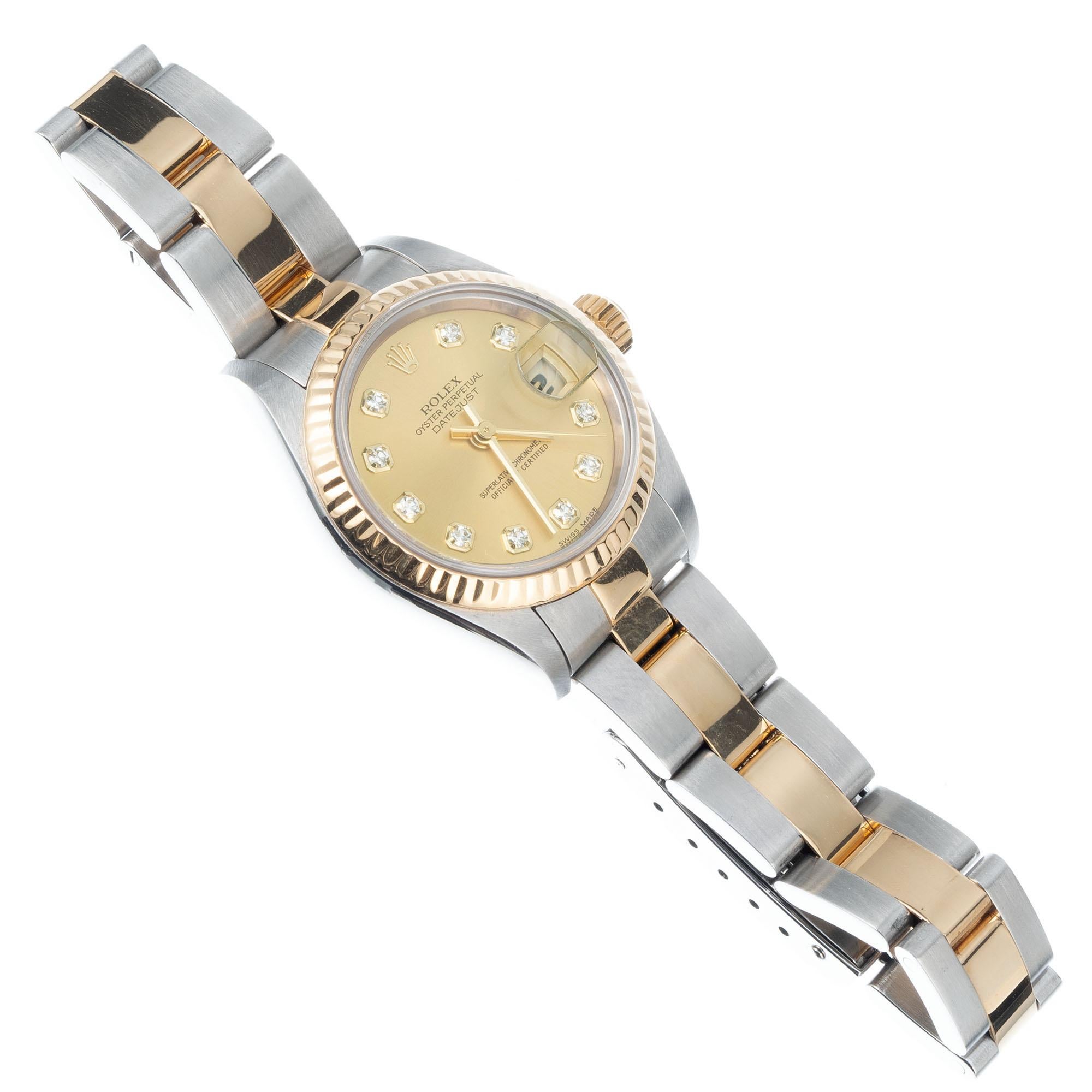 Rolex Yellow Gold Steel Ladies Diamond Datejust Wristwatch In Good Condition In Stamford, CT