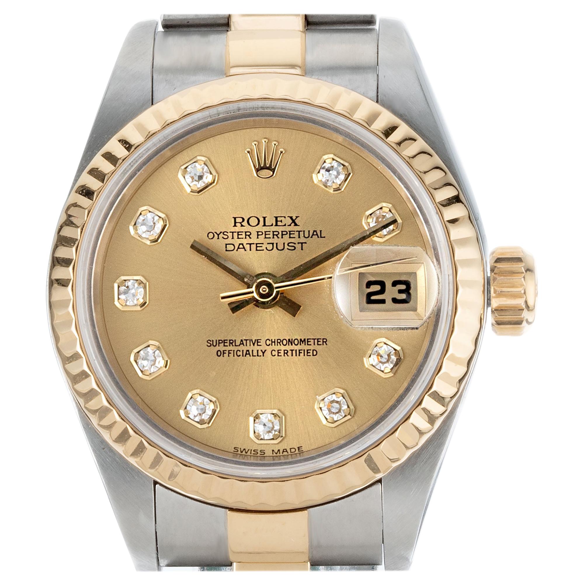 Rolex Yellow Gold Steel Ladies Diamond Datejust Wristwatch